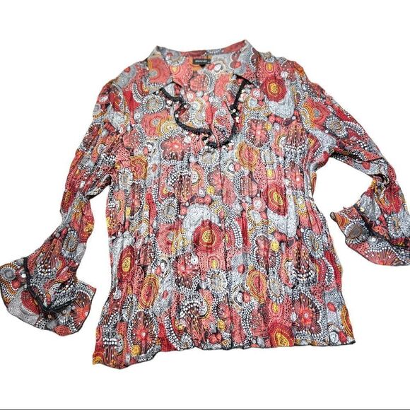 PIANO 1X Acordion Fold Blouse Multicolored Beaded Snap closed sheer - Picture 3 of 11